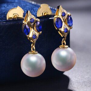 New 18K Yellow Gold Pearl Diamond Blue Stone Stud Earrings